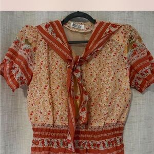 Vintage Floral Sheer Blouse with Tie Neck